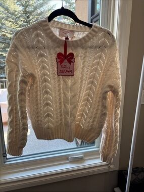 Pink Rose Cream Cable Knit Crewneck Sweater